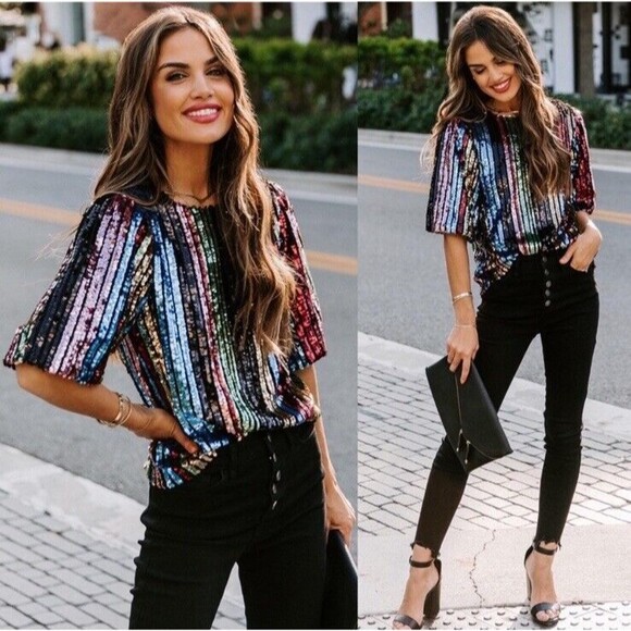 VICI On Twelfth Striped Sequin Top SIZE L sparkle rainbow holiday party Cocktail - Picture 1 of 11